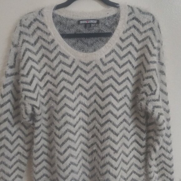Chevron Fuzzy Knit Sweater Dress by Love & Blind Gray & White Longline Pullover - Picture 5 of 8
